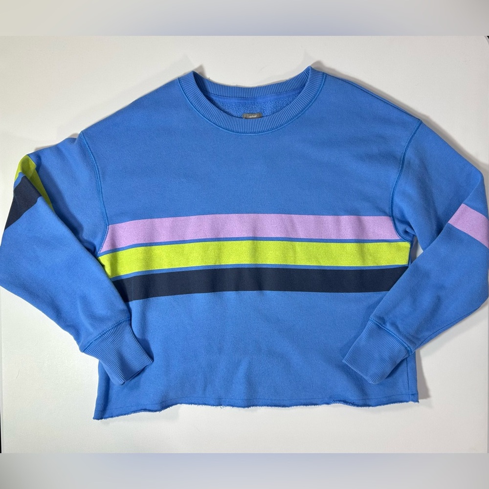 Aerie Blue Raw Hem Multi Color Striped Cropped Sweater Sz Small NWT